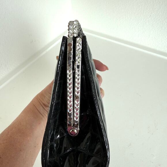 Isabella Adams New York Black Patent Crystal Embellished Evening Clutch - Picture 8 of 9
